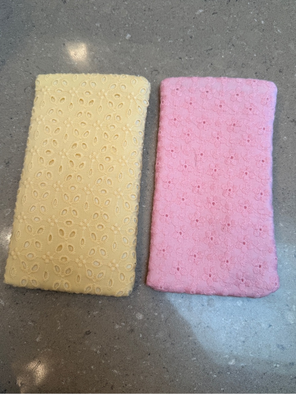 Pair of eye glass cases! In all cotton eyelet, Pink & Yellow. Secure close too 😎